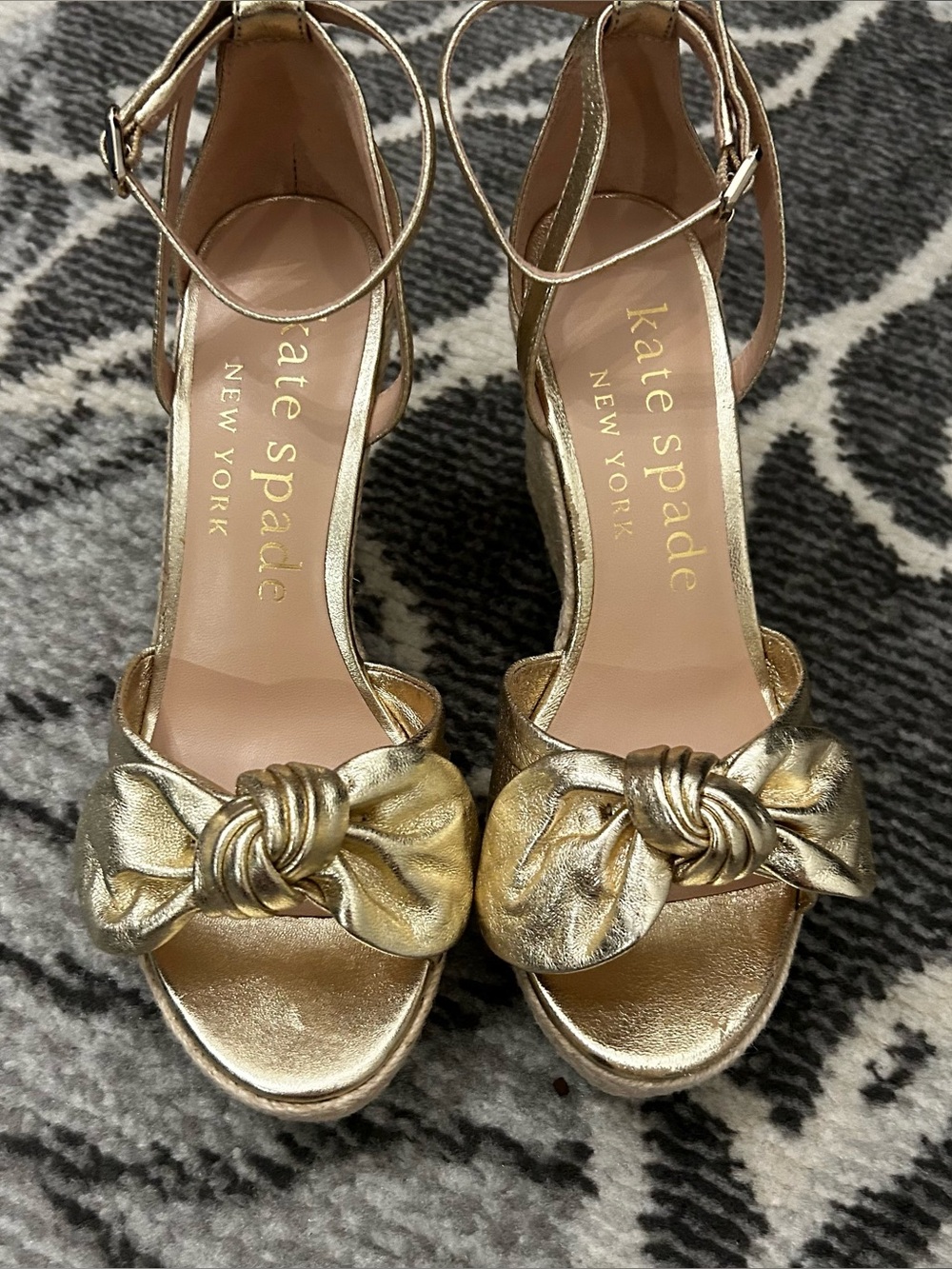 Kate Spade New York Gold Knot Bow Ankle Strap Espadrille Wedges Size 7